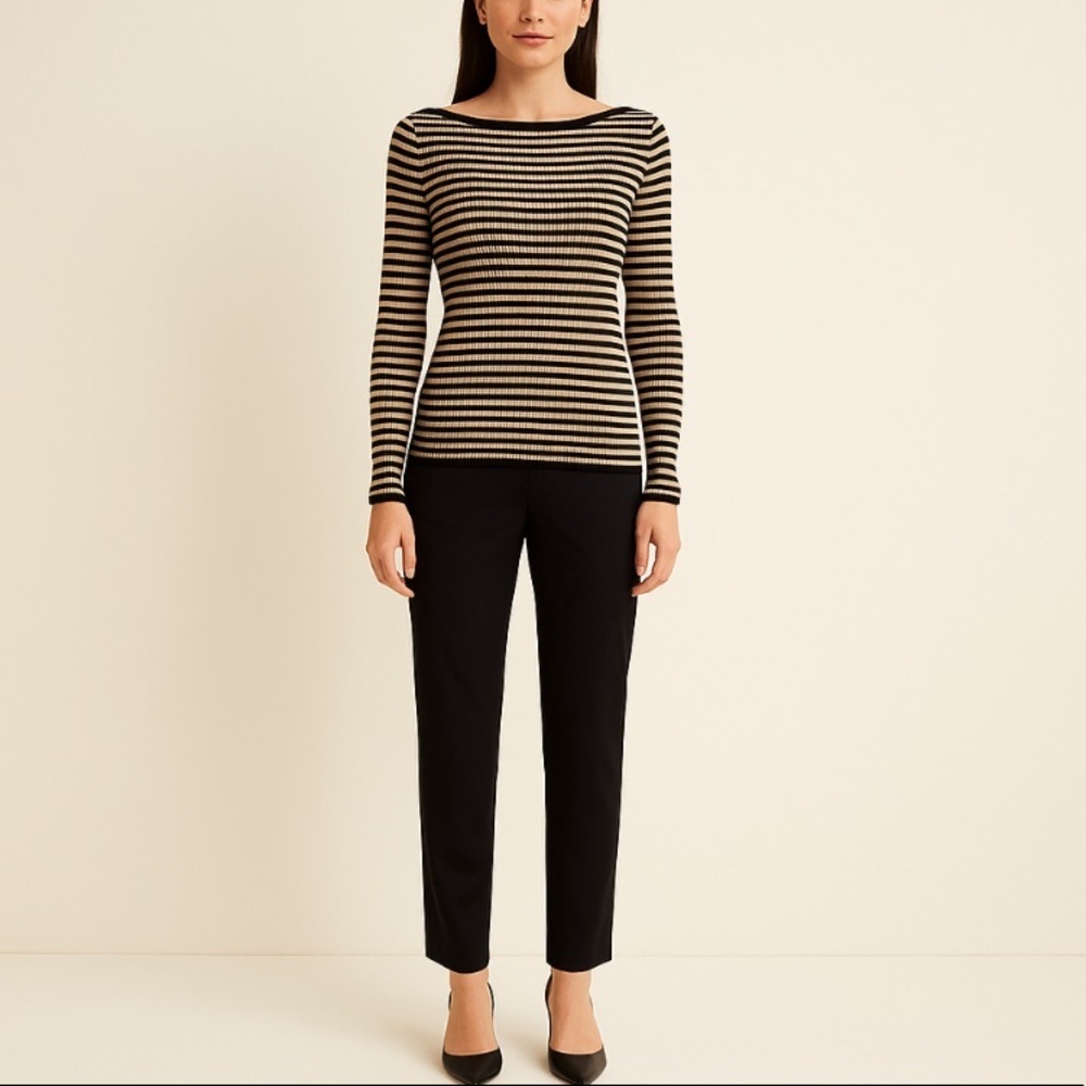 Women’s Ribbed Knit Sweater M Black Tan Grid Check Stretch Long Sleeve NWT $60